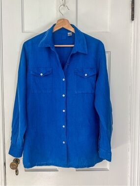 Lino by Chico's Royal Blue Button-Down 100% linen Shirt size 1